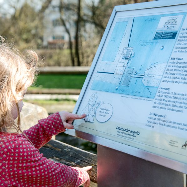 Flusspfad-Tafel an der Walkmühle in Bamberg. Foto: Thomas Ochs