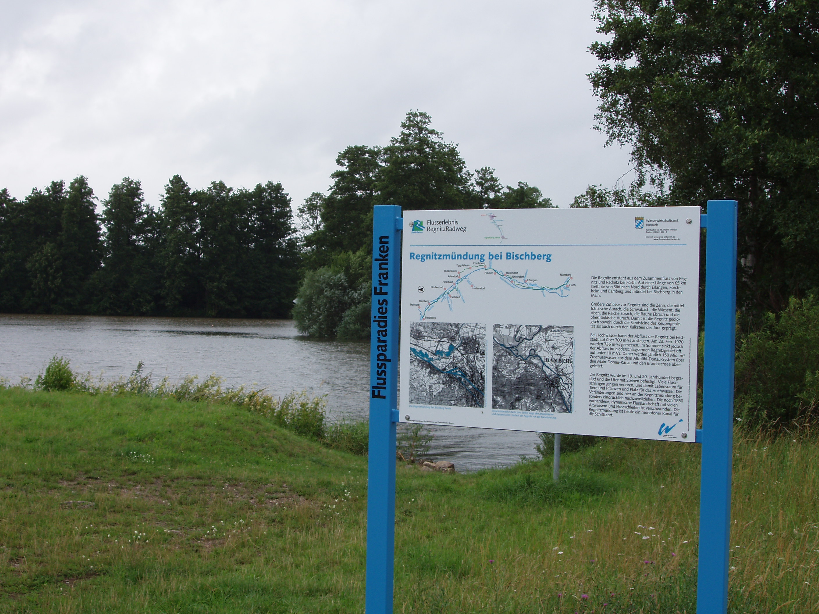 Tafel Regnitzmündung bei Bischberg. Flussparadies Franken