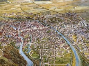 Ausschnitt aus einem Gemälde von Holzapfel, das die Stadt Bamberg mit der Regnitz aus der Vogelperspektive zeigt - Bildrechte: Museen der Stadt Bamberg
