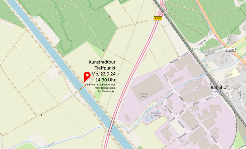 Karte mit Treffpunkt für die Kunstradtour am Kanal am 23.09.2024 von Strullendorf nach Bamberg. Kartengrundlage: OpenStreetMap ODbL