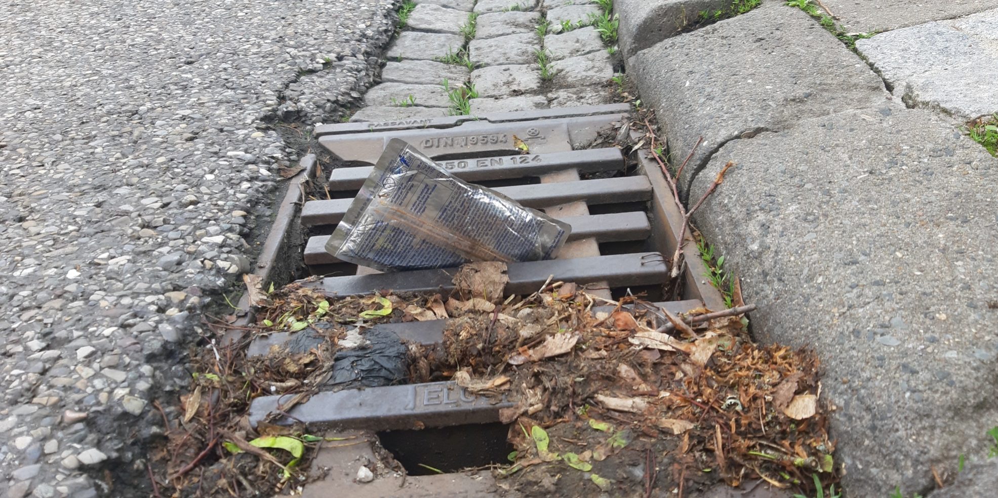 Eine leere Getränkeverpackung ist im Rinnstein in einen Gully gespült worden. Foto: Anne Schmitt / Flussparadies Franken Eine leere Getränkeverpackung ist im Rinnstein in einen Gully gespült worden. Foto: Anne Schmitt / Flussparadies Franken