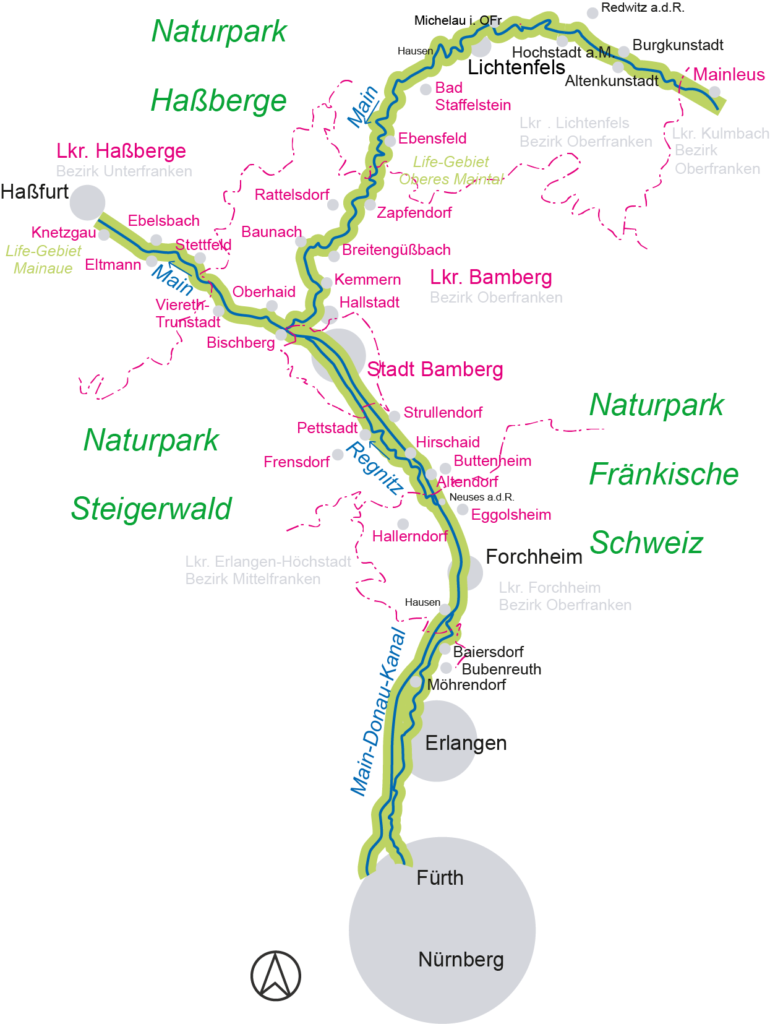 Übersichtskarte Flussparadies Franken mit Darstellung der 27 Mitgliedskommunen. Stand: 12.2.2026. Quelle: Flussparadies Franken/A.Schmitt