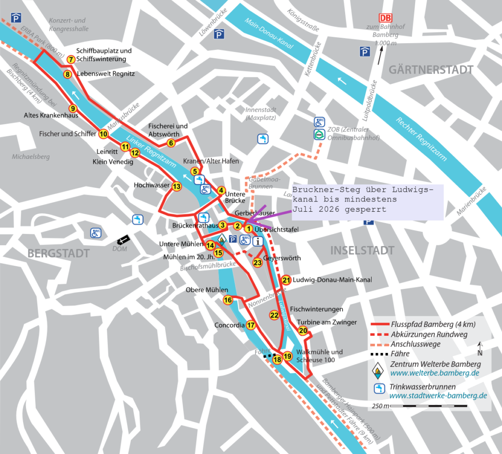 Übersichtskarte mit Sperrung Brucknersteg Flusspfad Bamberg 2024 mit Trinkbrunnen. Grafik: Apostolos Aravidis/Flussparadies Franken